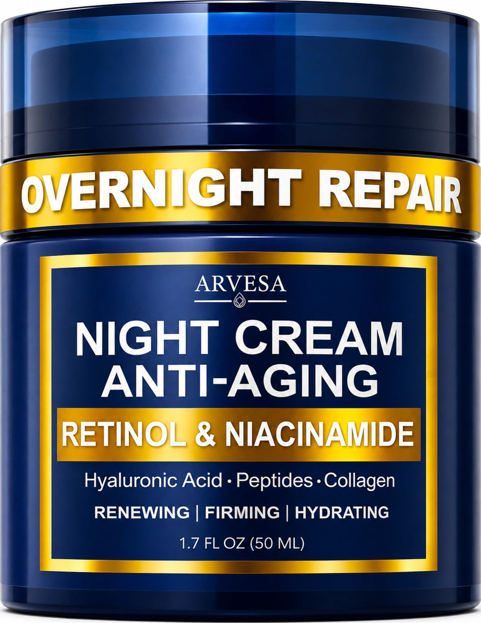 Arvesa night cream front packaging showing clean, clinical design and benefit