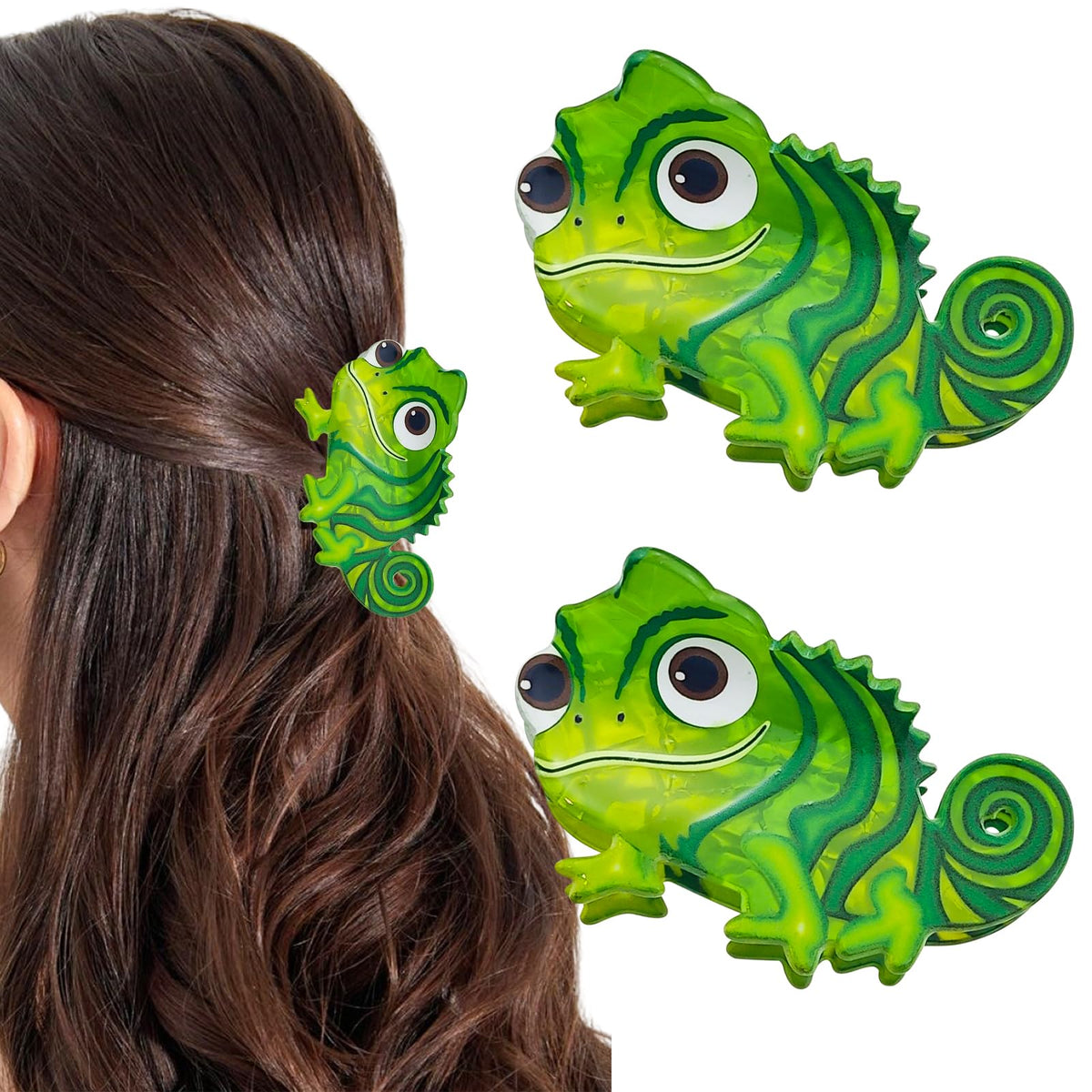 Arvintas front view of two green lizard clips showing playful detail and secure hold