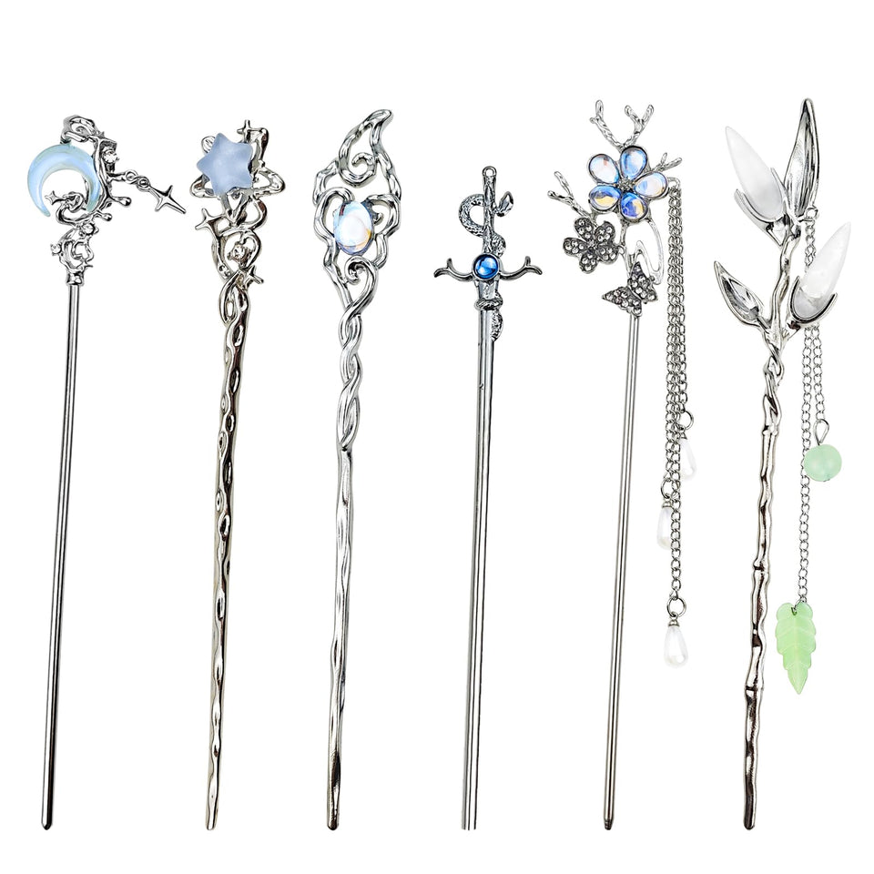 Arvintas front view of six silver hair sticks showing full set and variety benefits