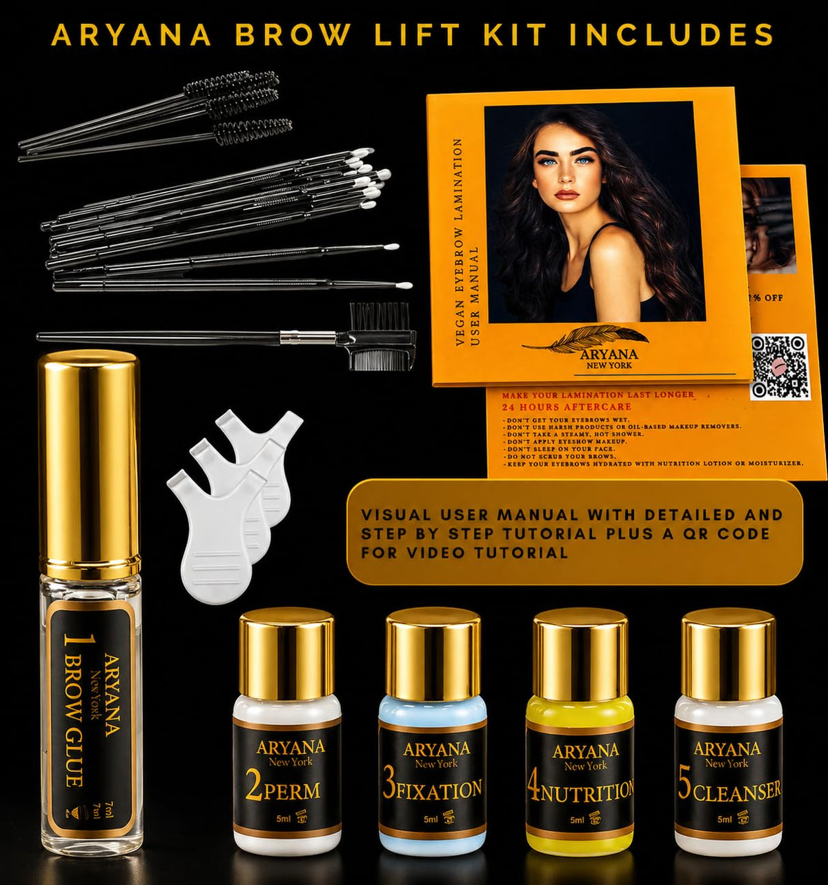ARYANA NEW YORK lotion bottles close-up showing formula clarity and control