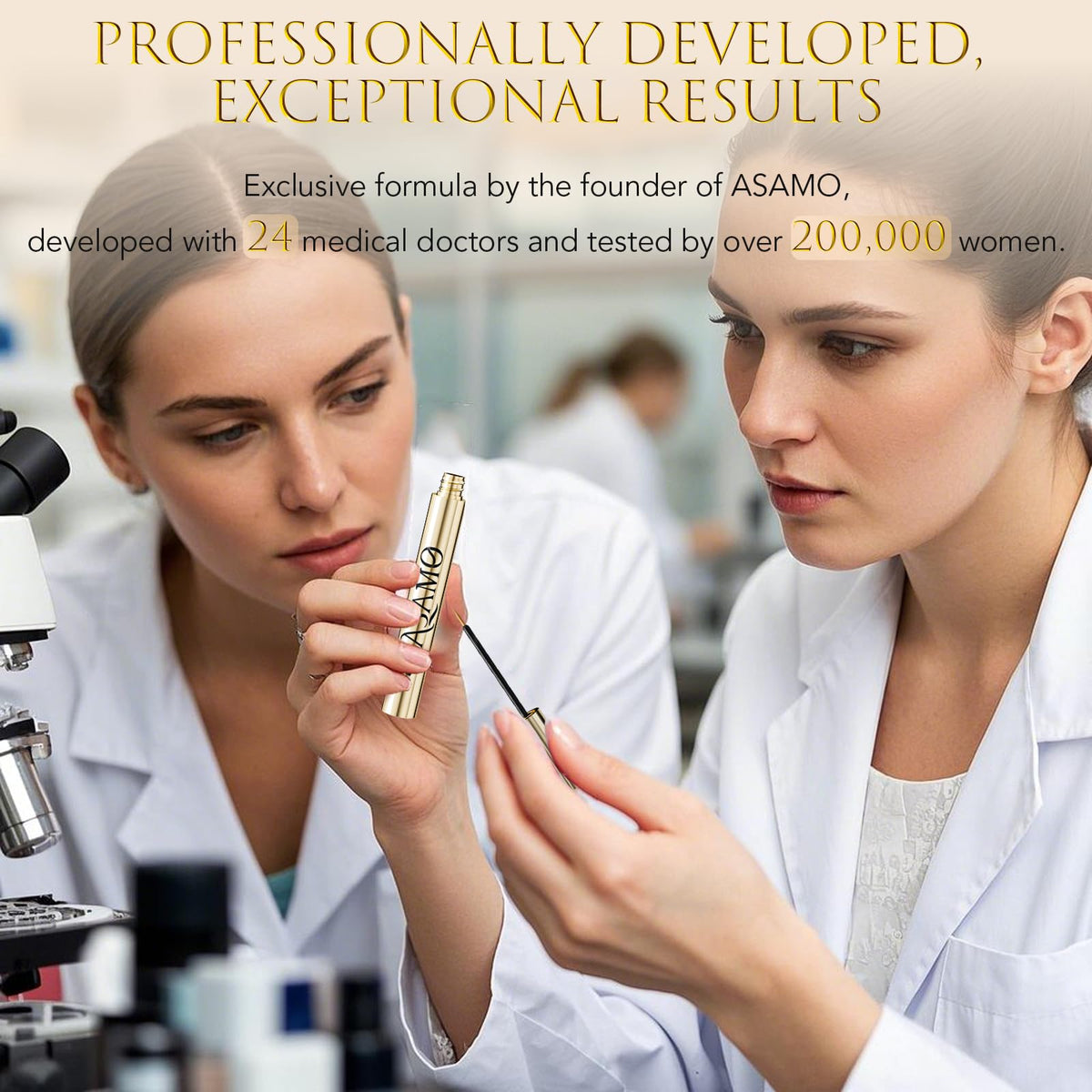 ASAMO PURE GOLD before-after concept image, illustrates potential lash enhancement look
