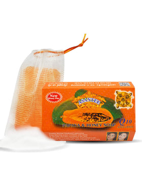 ASANTEE front packaging showing papaya and honey, highlights nourishing benefits