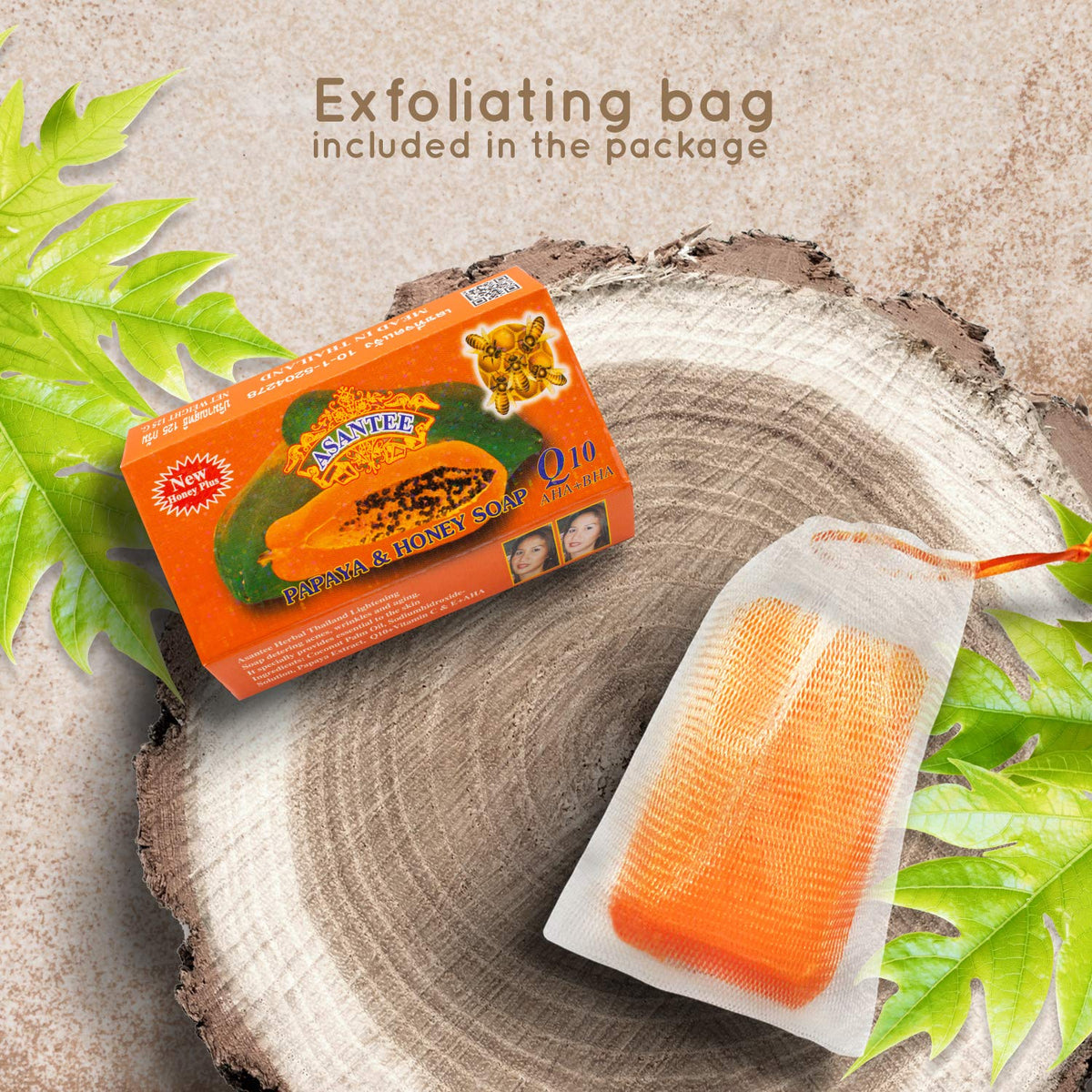 ASANTEE ingredient visual with papaya and honey, emphasizes natural extract benefits