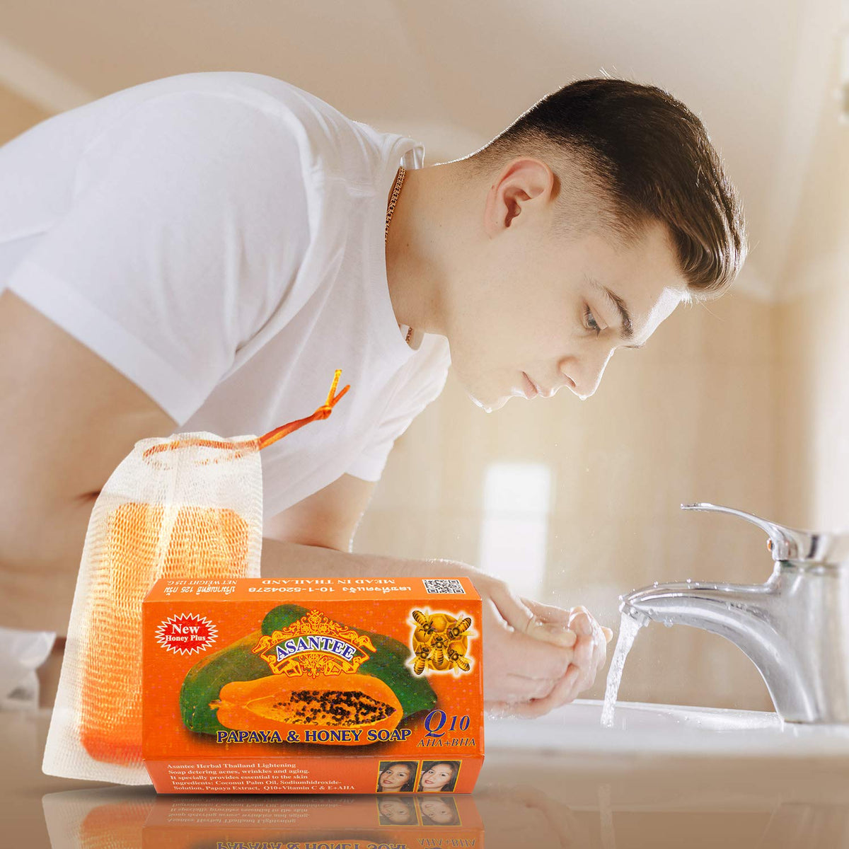 ASANTEE soap staged in bathroom lifestyle, suggests calming routine and skin-care benefit