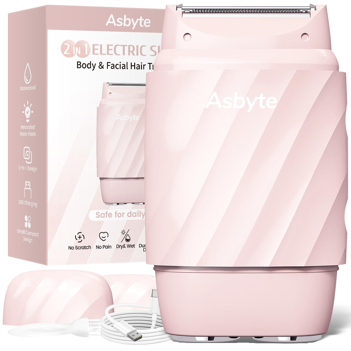 Asbyte front view of electric razor showing compact design and easy grip