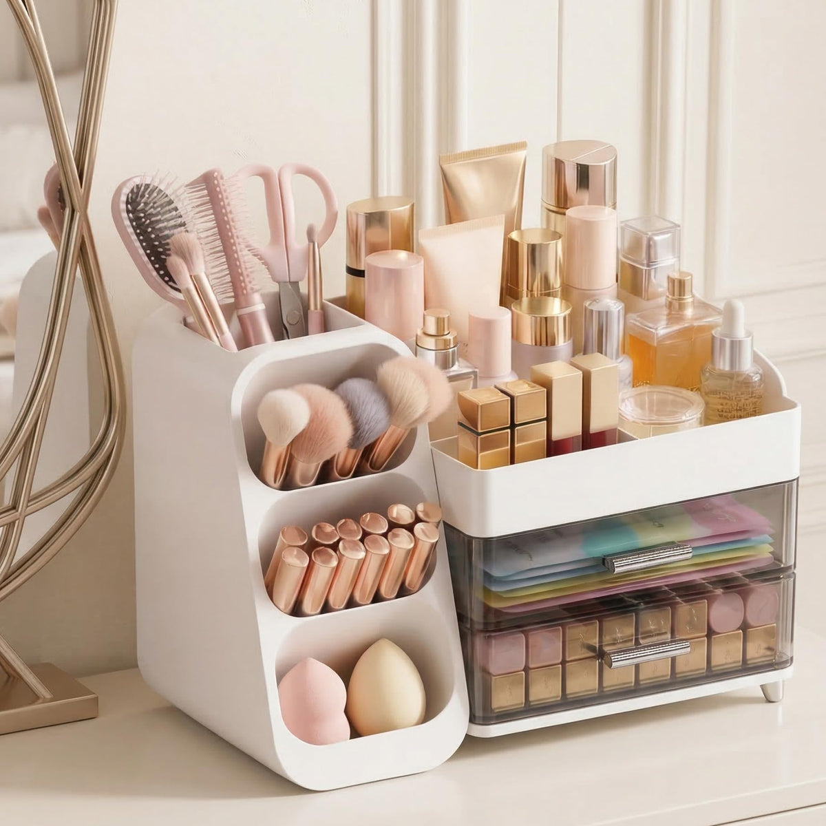 Asdbko organizer staged on vanity illustrating boutique-style, dust-free presentation