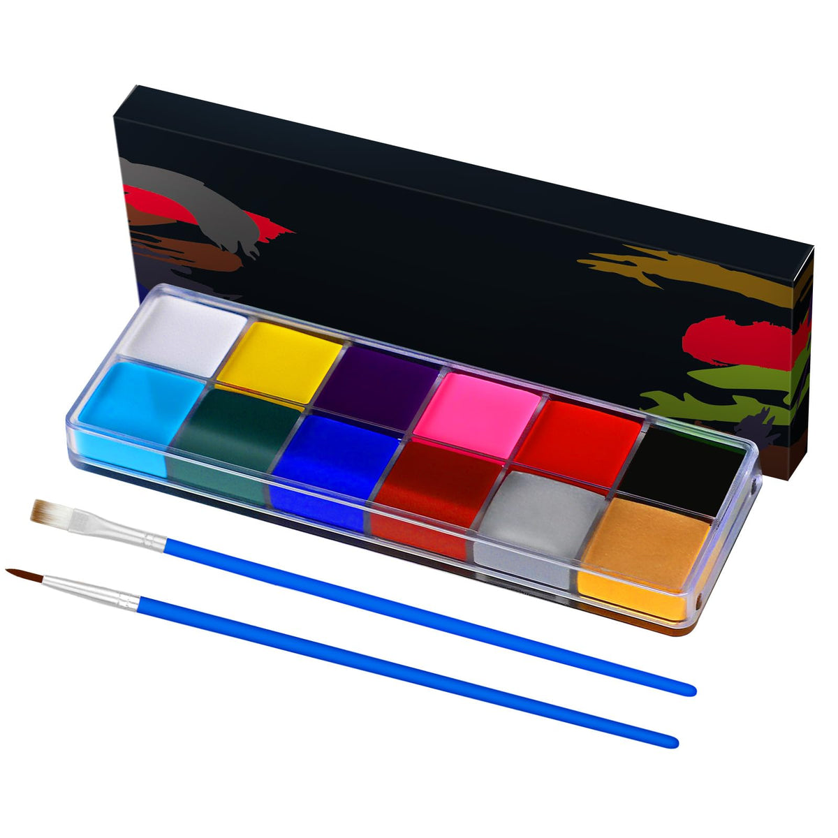 Asddage front packaging showing full 12-color kit and brushes for easy selection