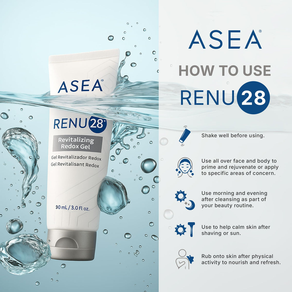 ASEA RENU28 placed in bathroom routine scene for morning and evening use