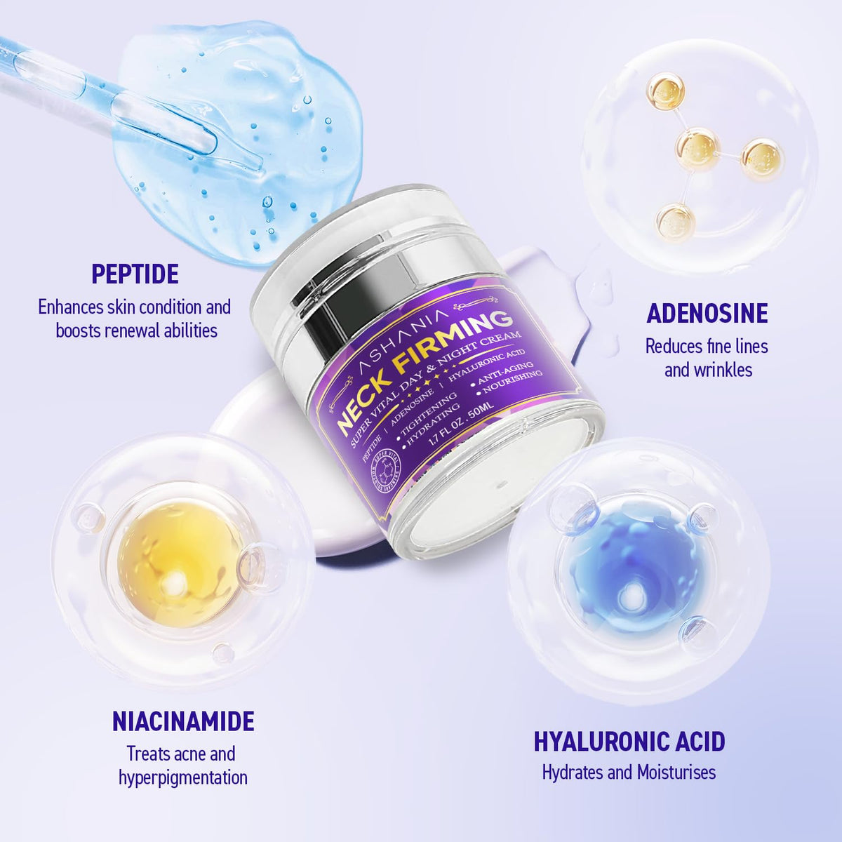 Ashania product label showing key ingredients for visible smoothing benefit