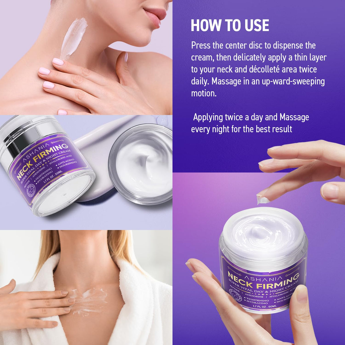 Ashania lifestyle image of neck and décolleté showing firmer-looking appearance benefit