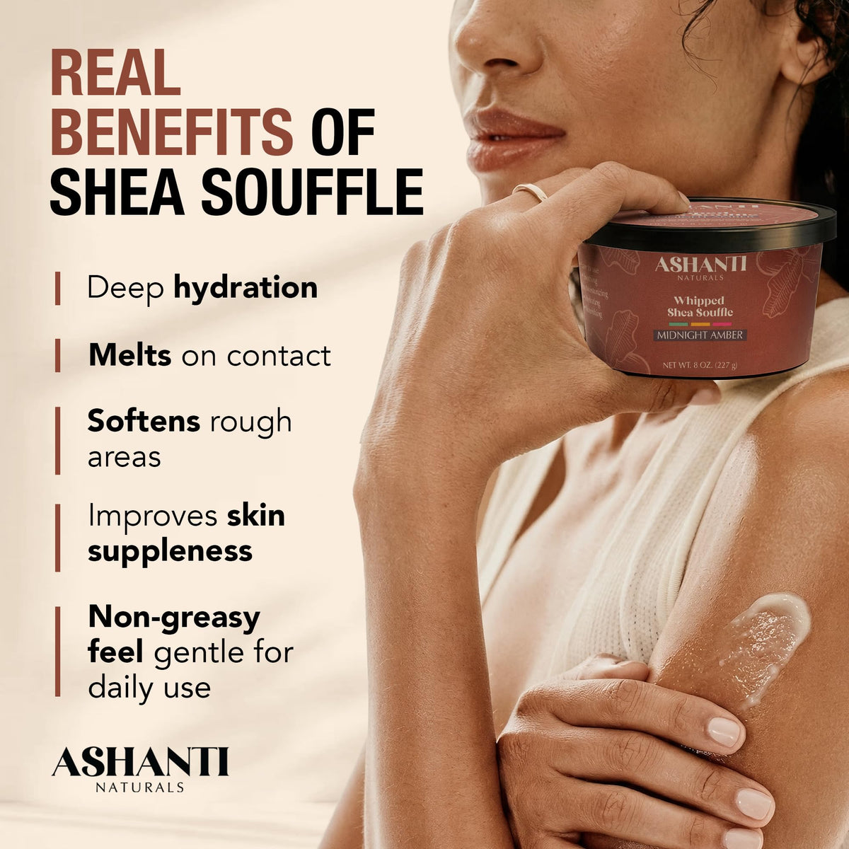 Ashanti Naturals applying whipped butter to hands for immediate hydration benefit