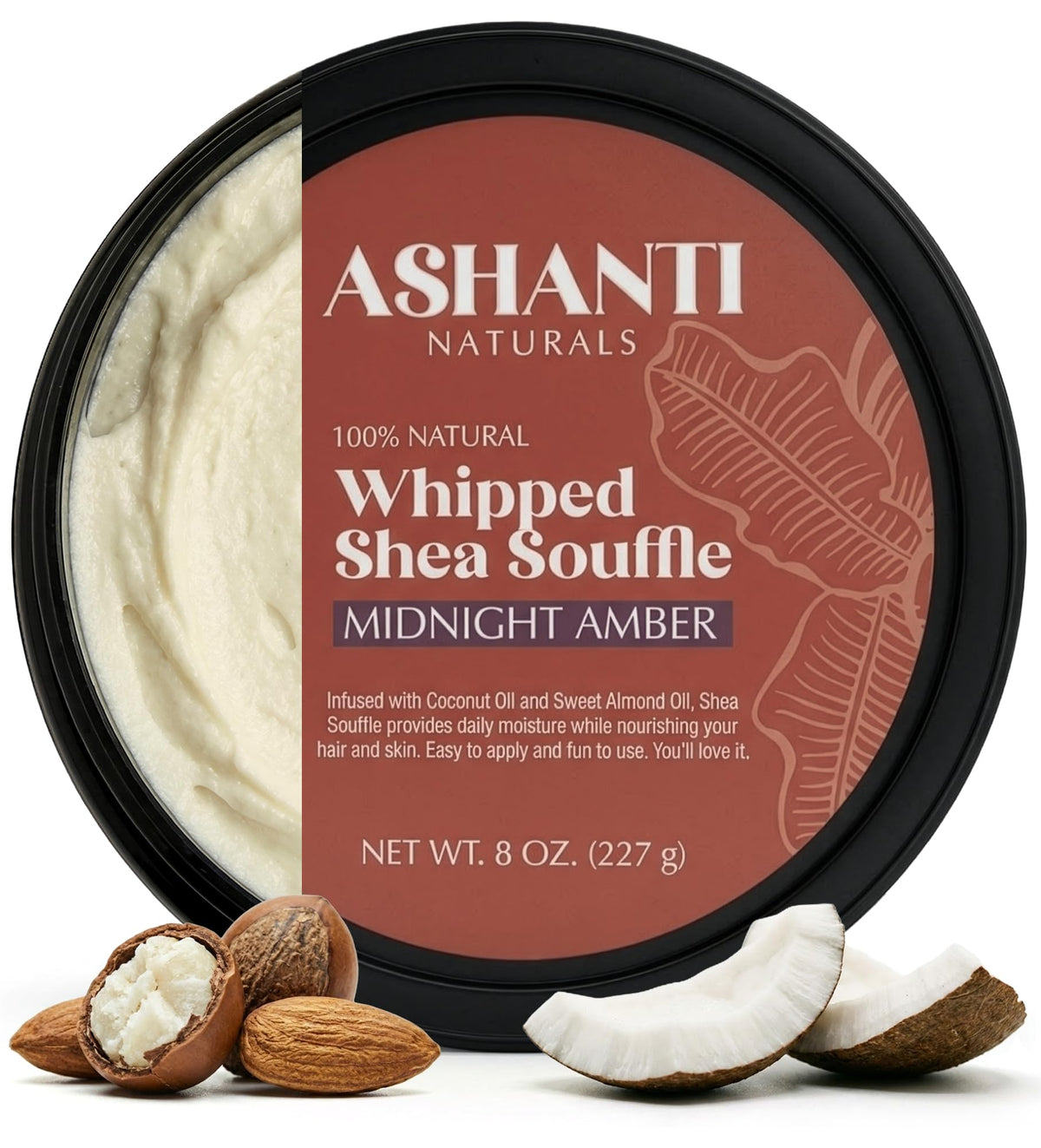Ashanti Naturals jar front view showing midnight amber soufflé and scent benefit