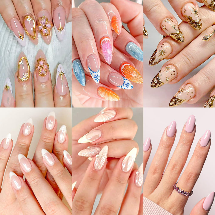 Ashowner front packaging showing six almond nail designs and included tools for convenience