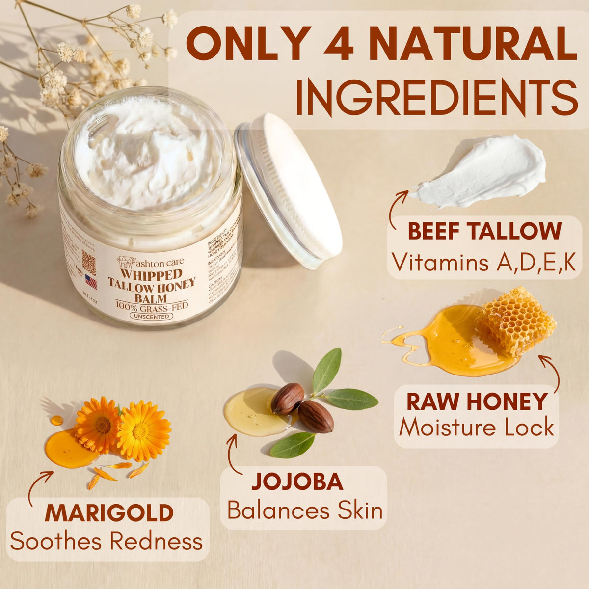ASHTON CARE ingredients flatlay with calendula and jojoba highlighting natural formulation