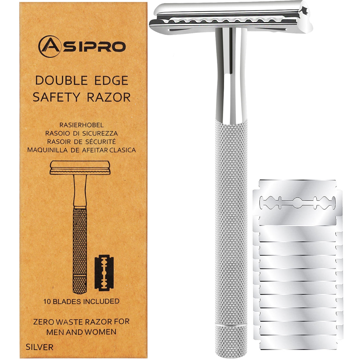 ASIPRO safety razor front view showing sleek metal finish and precise edge benefit