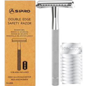 ASIPRO safety razor front view showing sleek metal finish and precise edge benefit