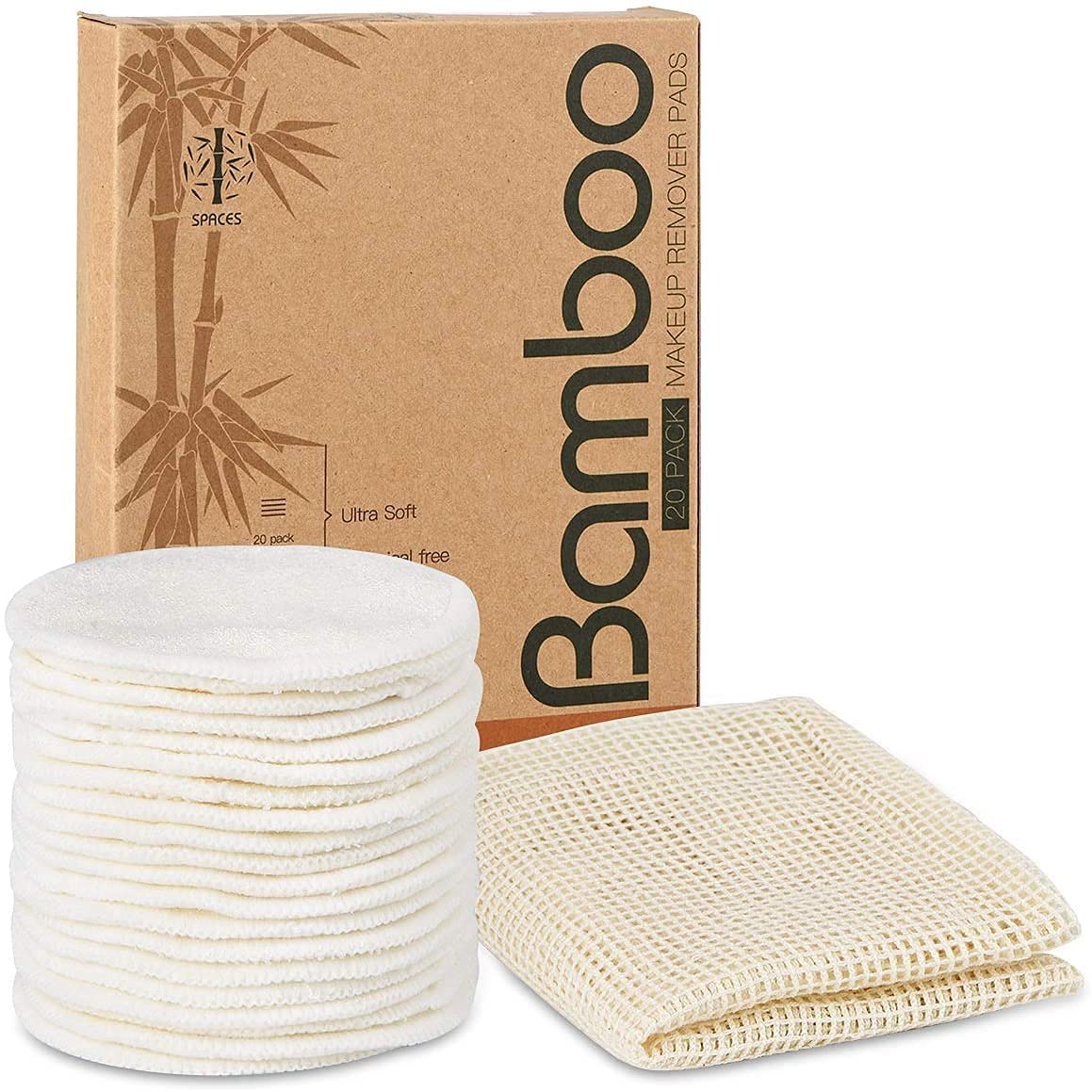 ASPACES front packaging showing 20 reusable bamboo-cotton pads for sustainable routines