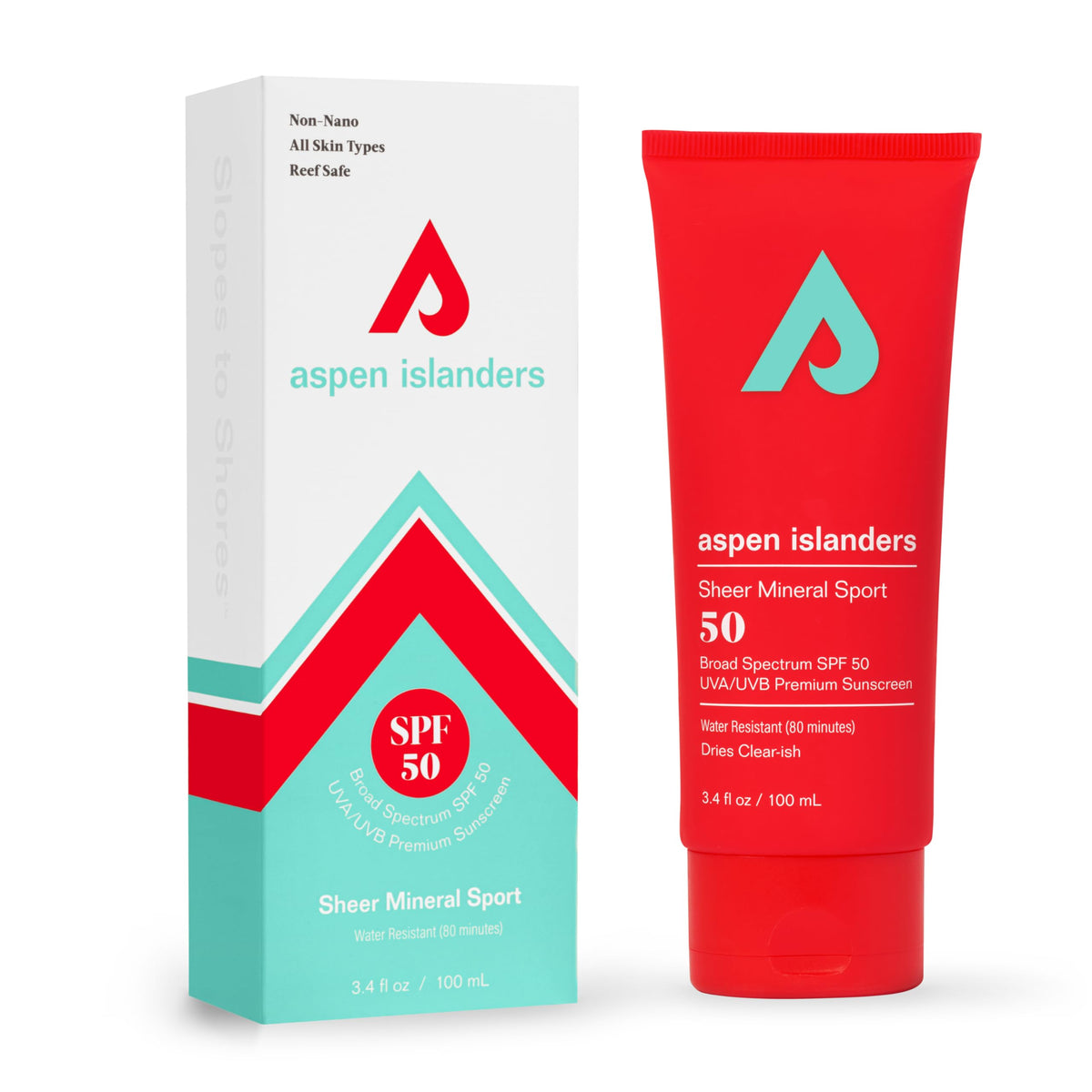 aspen islanders front tube view showing compact sport packaging and SPF 50 benefit