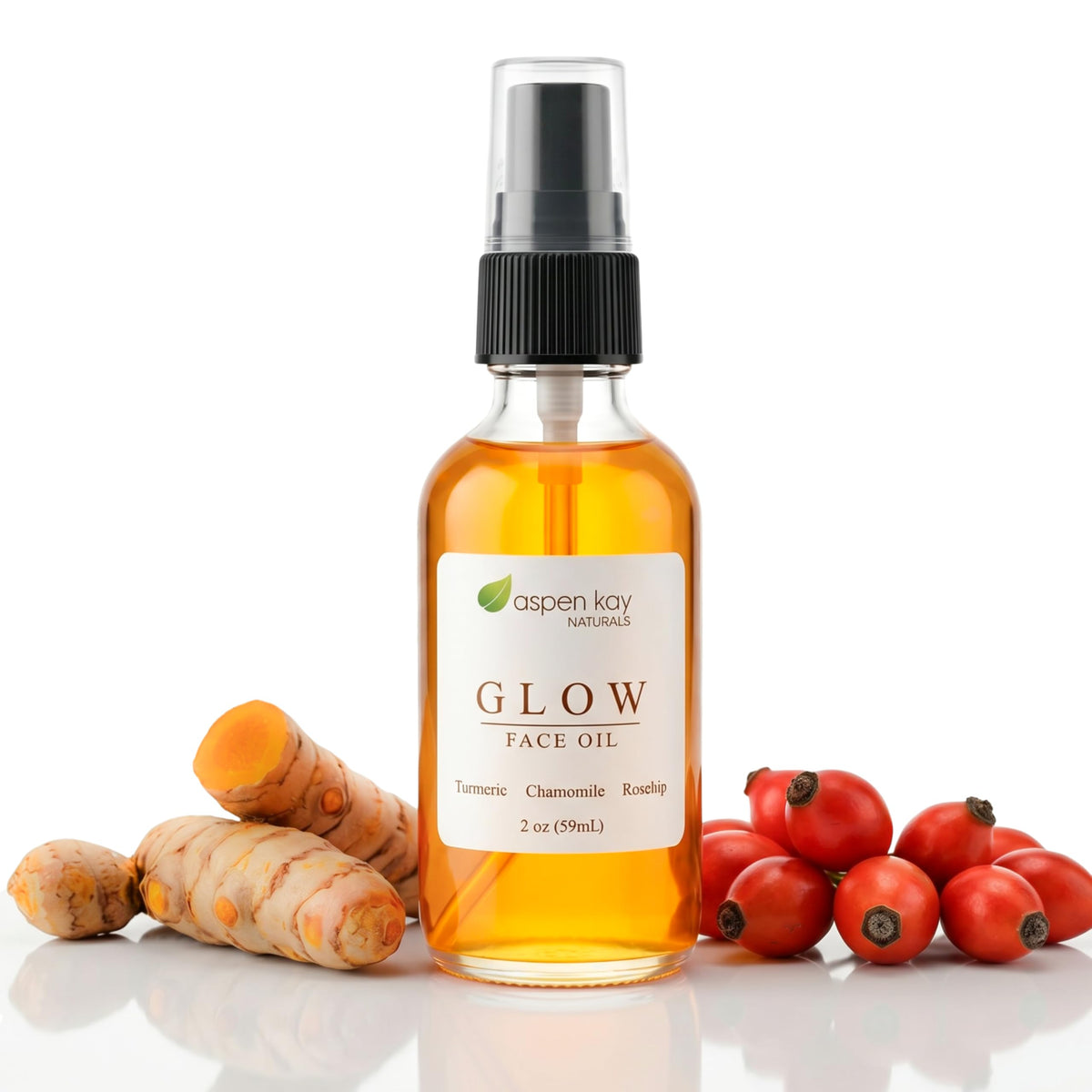 Aspen Kay Naturals front bottle view showing natural face oil packaging and glow
