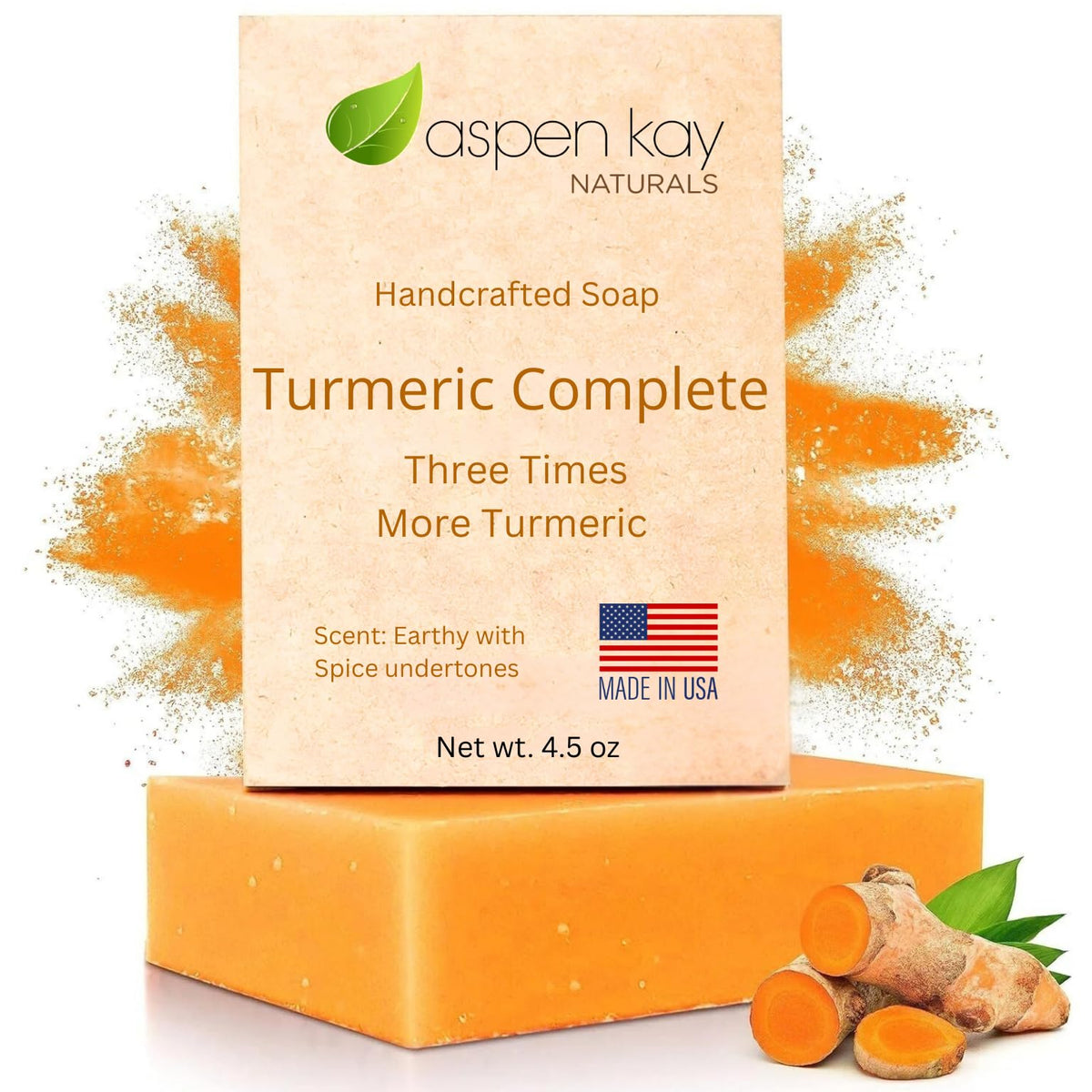 Aspen Kay Naturals front packaging showing turmeric soap and benefits