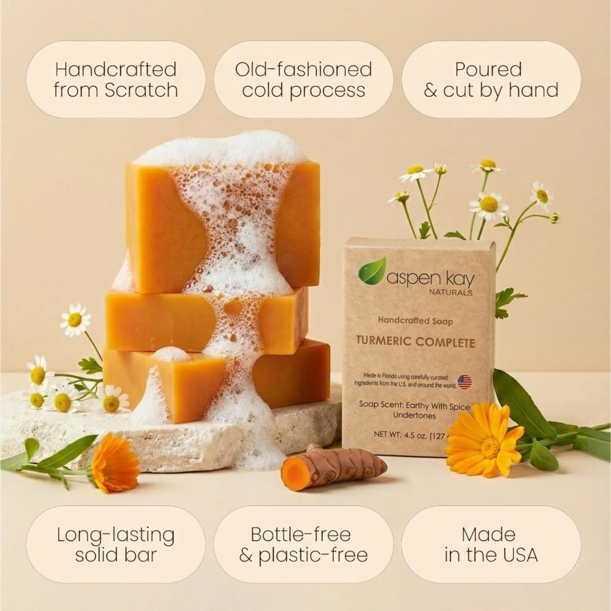 Aspen Kay Naturals soap bar side profile producing creamy, moisturizing lather