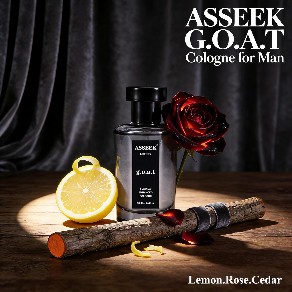 ASSEEK angled bottle highlighting cap and glass texture for elegance