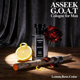 ASSEEK angled bottle highlighting cap and glass texture for elegance