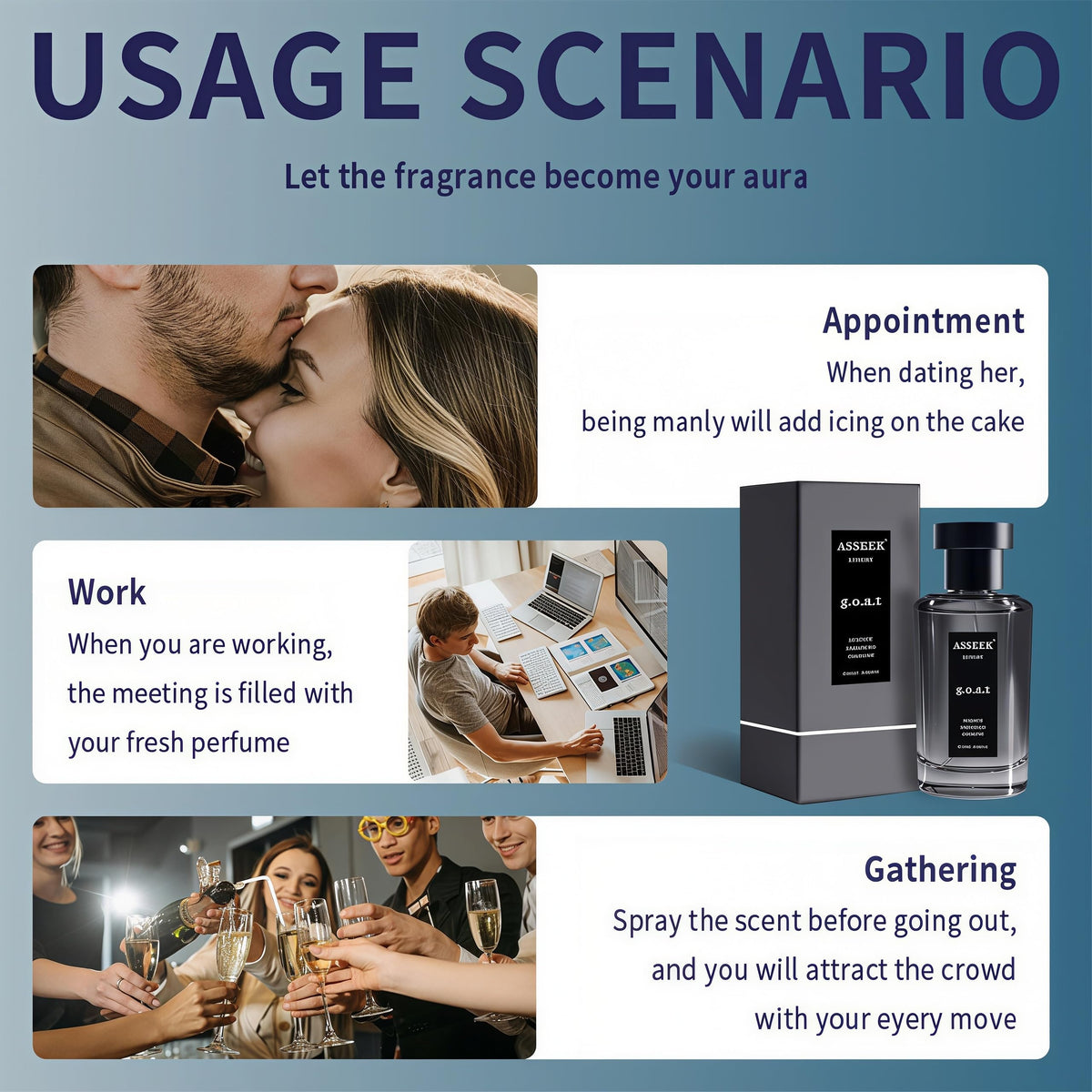 ASSEEK cologne being sprayed for on-the-go refresh and confidence