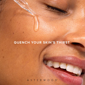 Asterwood bottle beside moisturizer showing layering steps benefit: seals in hydration