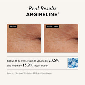 Ingredient label listing Matrixyl 3000, Argireline, Vitamin C, highlights active benefits