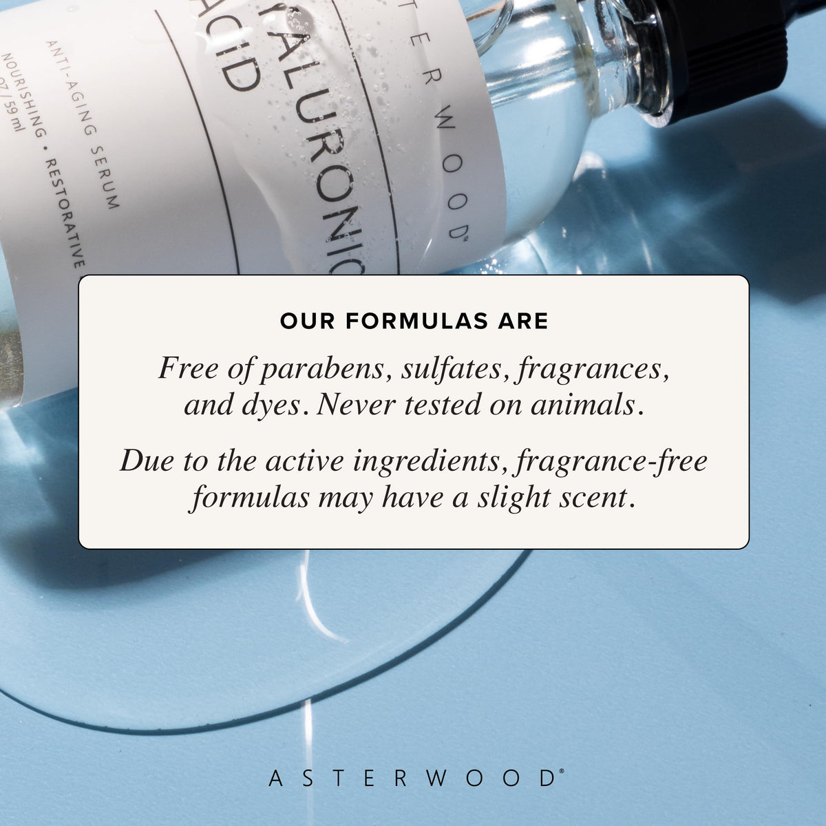 Asterwood label close-up listing ingredients and clean formula reassurance