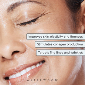 Asterwood pump dispenser closeup and label, highlights easy controlled application benefit