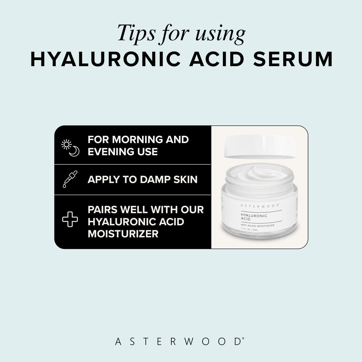 Asterwood ingredients label highlighting fragrance-free, vegan formula