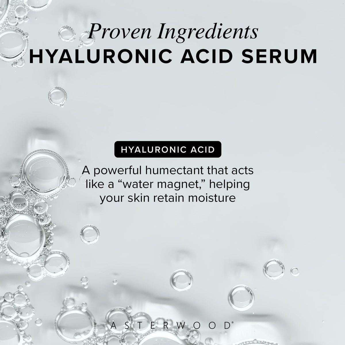 Asterwood serum texture close-up with glistening drops highlighting hydration