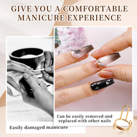 ASTONFOG ring holding a press-on nail to show secure removable attachment
