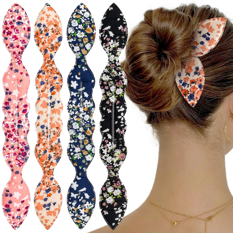 Aswewamt front view of the four-pack bun makers showing packaging and pieces for quick styling