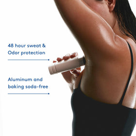 Application on underarm with Athena Club stick showing gentle coverage and long-lasting freshness
