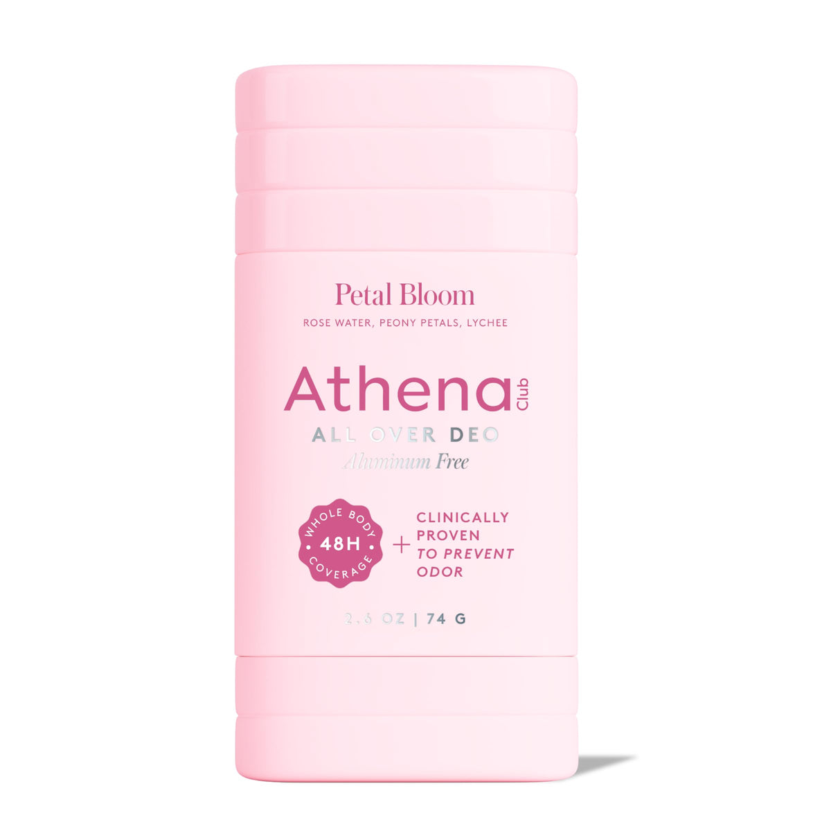 Athena Club All Over Deo front stick view showing clean packaging and clear application benefit