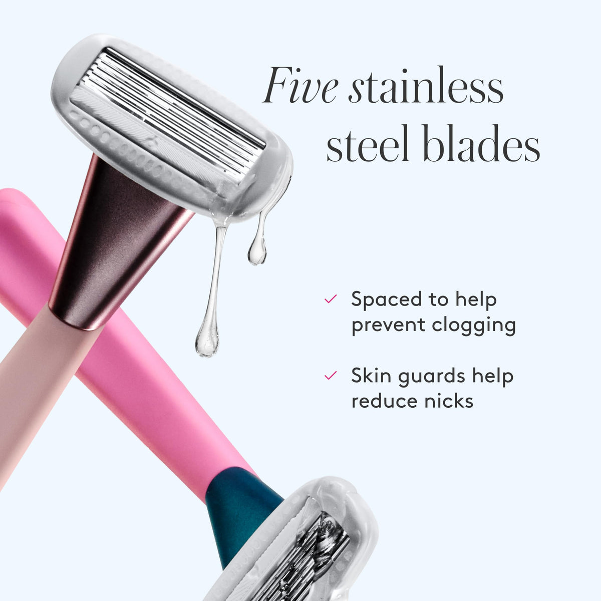 Athena Club five-blade cartridge close detail showing blade spacing for gentler shaves