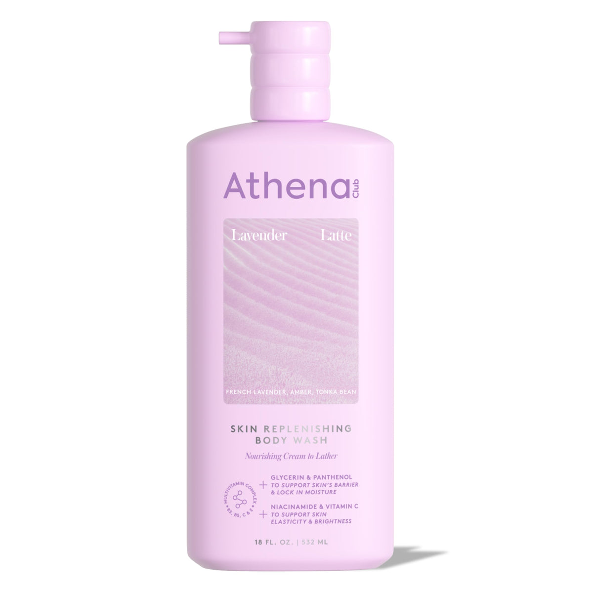 Athena Club front bottle showing Lavender Latte scent and clean design for calming showers