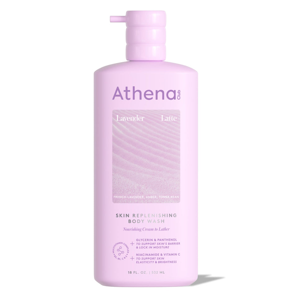 Athena Club front bottle showing Lavender Latte scent and clean design for calming showers