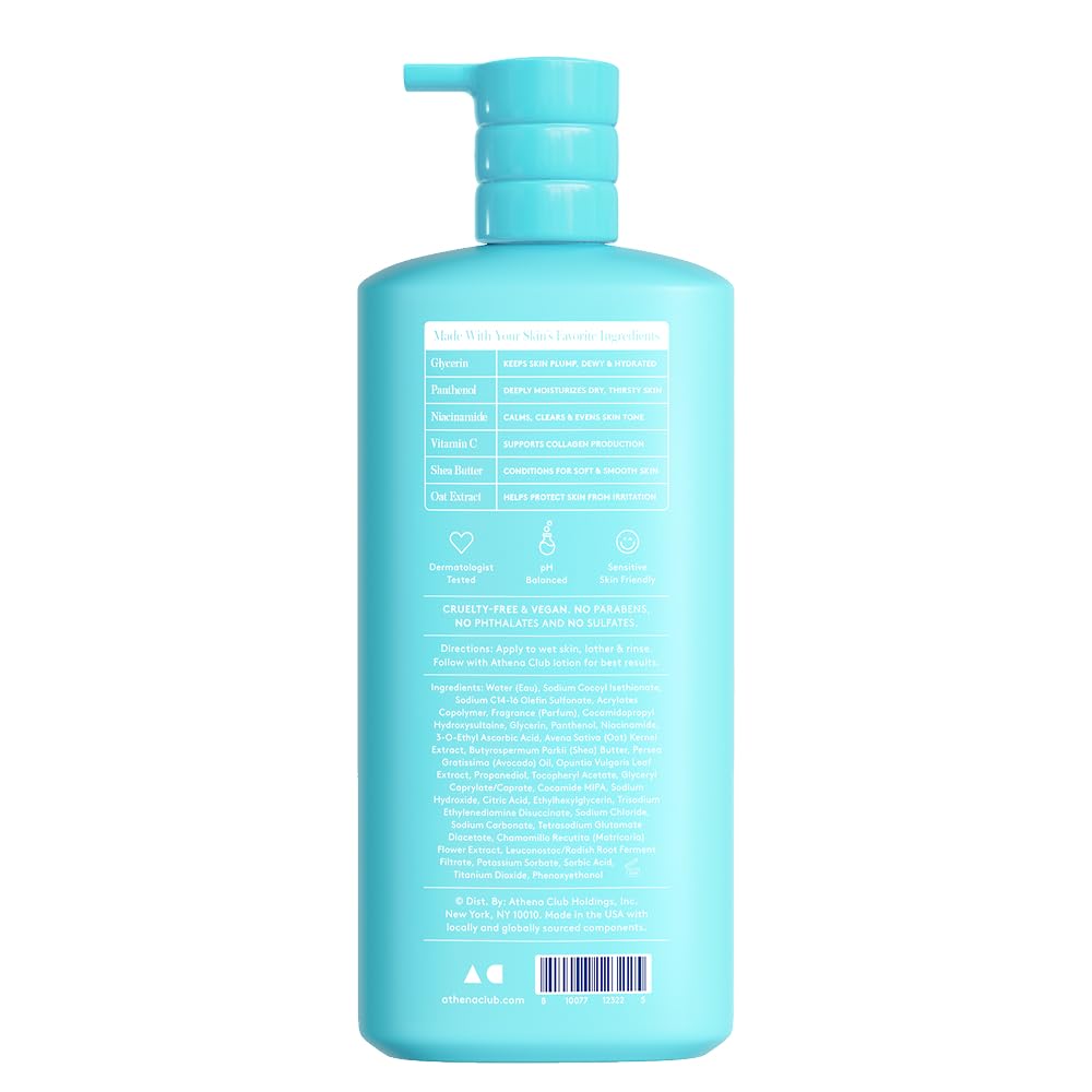 Athena Club label close-up listing glycerin, niacinamide, vitamin C benefits