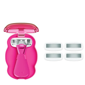 Athena Club front packaging showing compact travel razor benefits