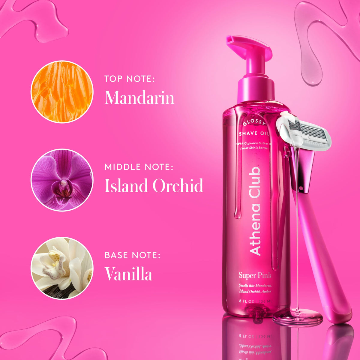 Athena Club pouring a drop of shave oil onto hand to show easy application benefit