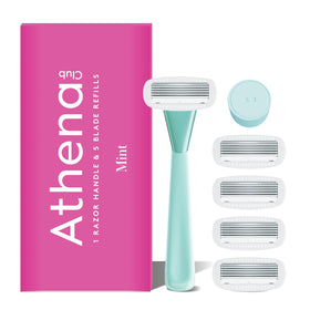 Athena Club razor kit front view showing mint handle and cartridges for smooth shaving