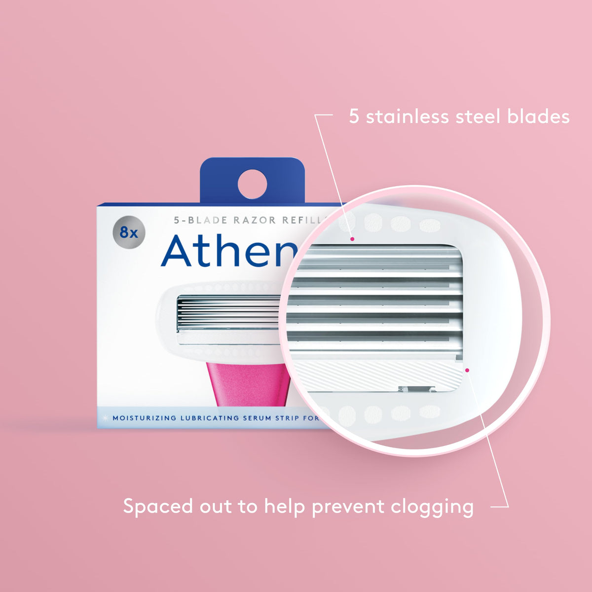 Athena Club side profile showing five stainless steel blades aligned for smooth gliding
