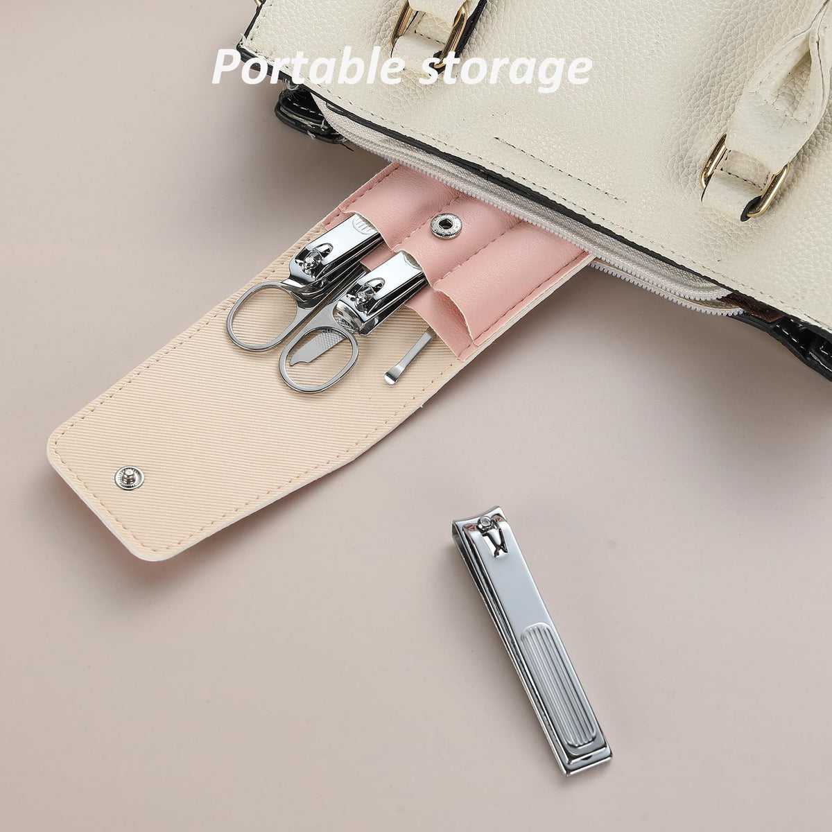 atimier compact kit inside a purse illustrating travel-ready convenience