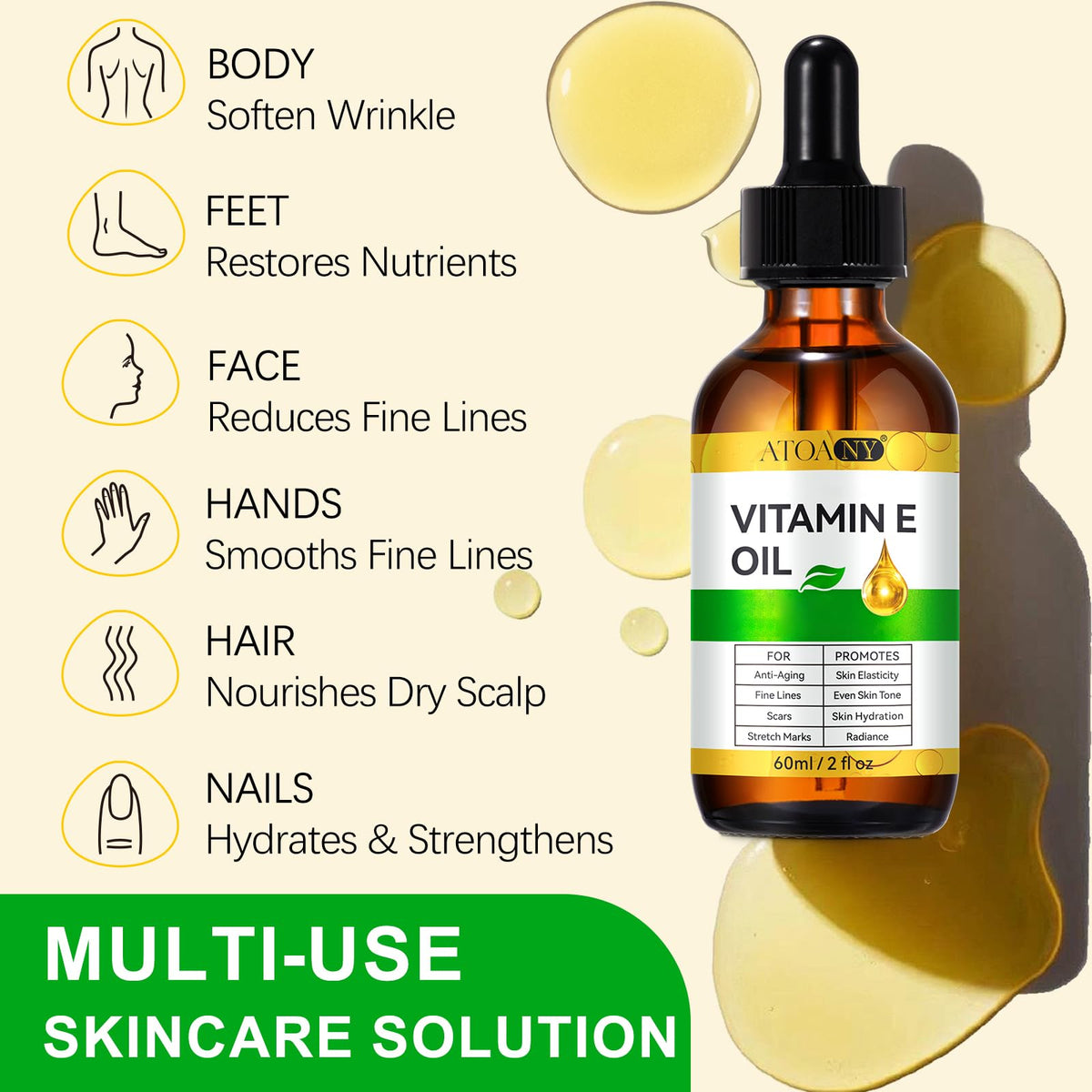massaging ATOANY Vitamin E oil onto damp body skin to lock moisture