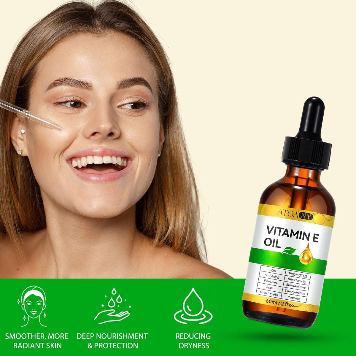 close-up texture of ATOANY Vitamin E oil showing lightweight absorbent benefit