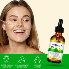 close-up texture of ATOANY Vitamin E oil showing lightweight absorbent benefit